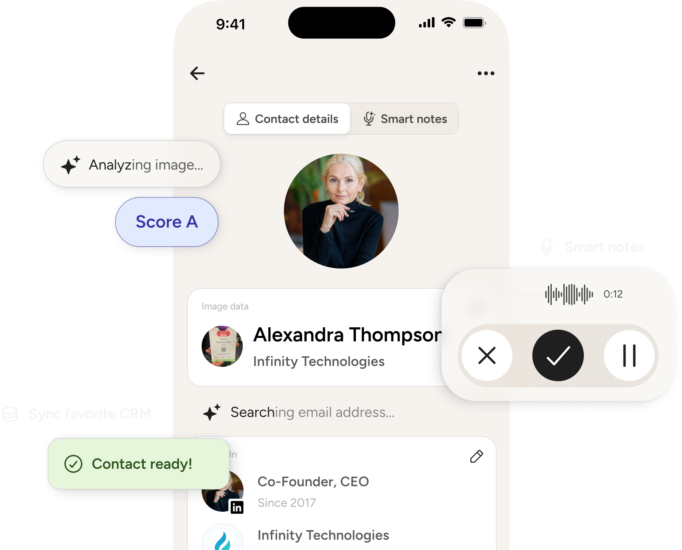 Mobile phone screen showing Lead Companion’s AI-powered app interface with a profile picture, lead details, a recording session with playback controls, and notifications indicating data analysis, lead scoring, and readiness for contac