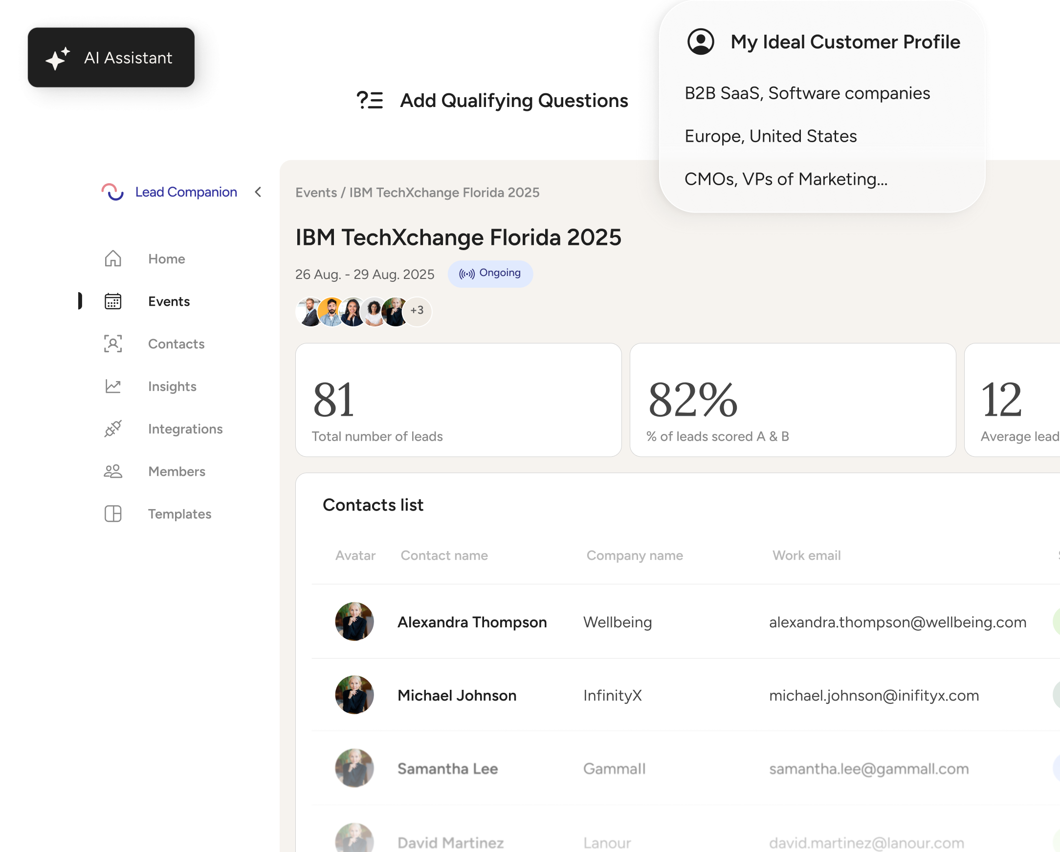 Screenshot of a professional event management platform on a desktop, showing features to organize team, manage leads, set qualifying questions, and access live event insights with an AI-first interface